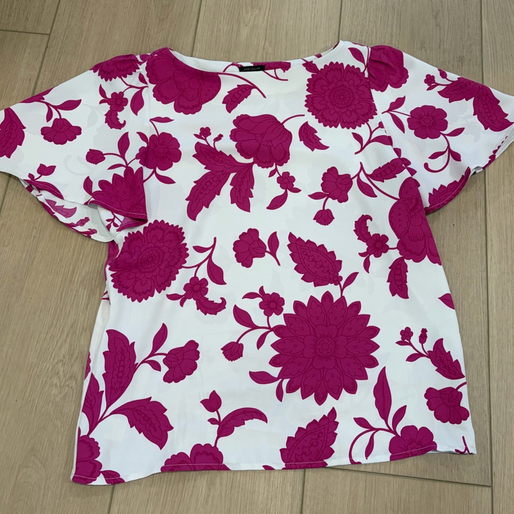 Ann Taylor White Blouse with Magenta Floral Print